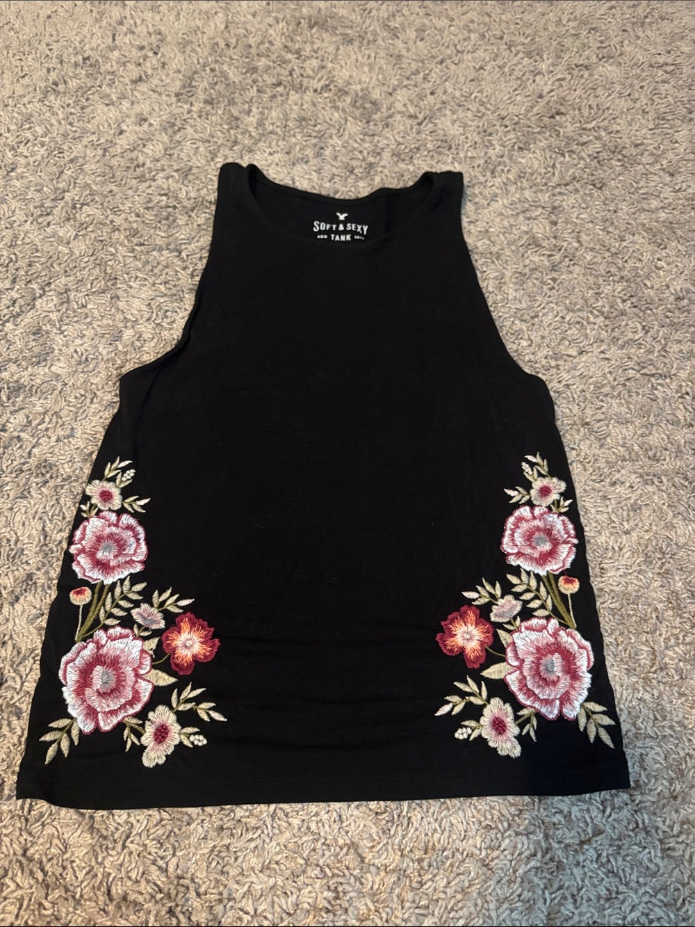 American Eagle Outfitters Black Tank with Pink & Red Floral Embroidery Panels
